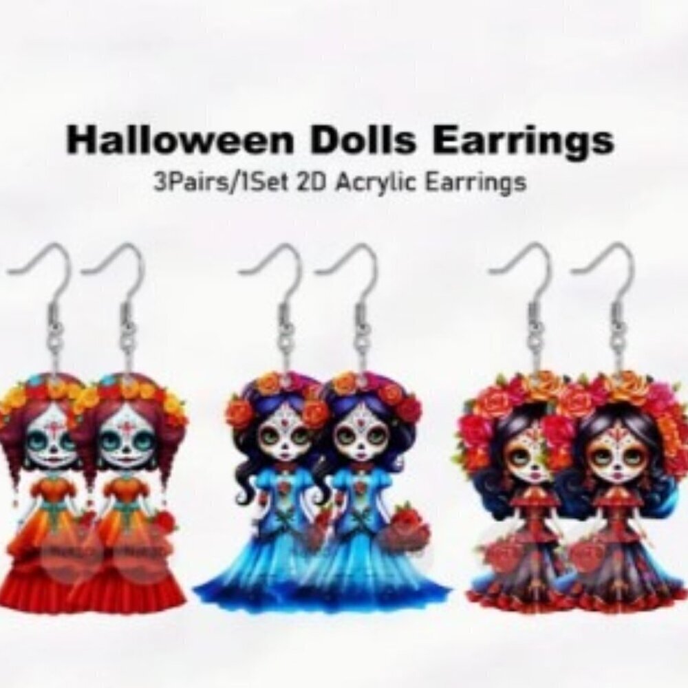 3-Pair Acrylic Doll Earrings Set - Unique 2D Effect